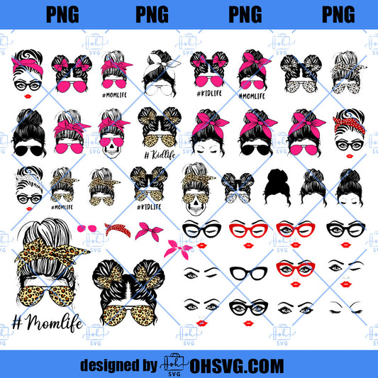 Messy Bun SVG, Messy Bun With Glasses SVG, Momlife SVG, Mom Skull SVG, Messy Bun Classy Afro Woman SVG