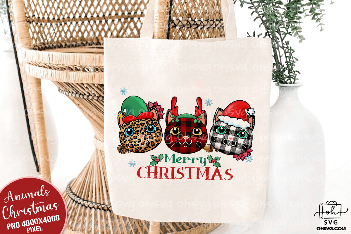 Merry Christmas Cat PNG, Plaid Leopard Cat PNG, Santa Reindeer Cat PNG