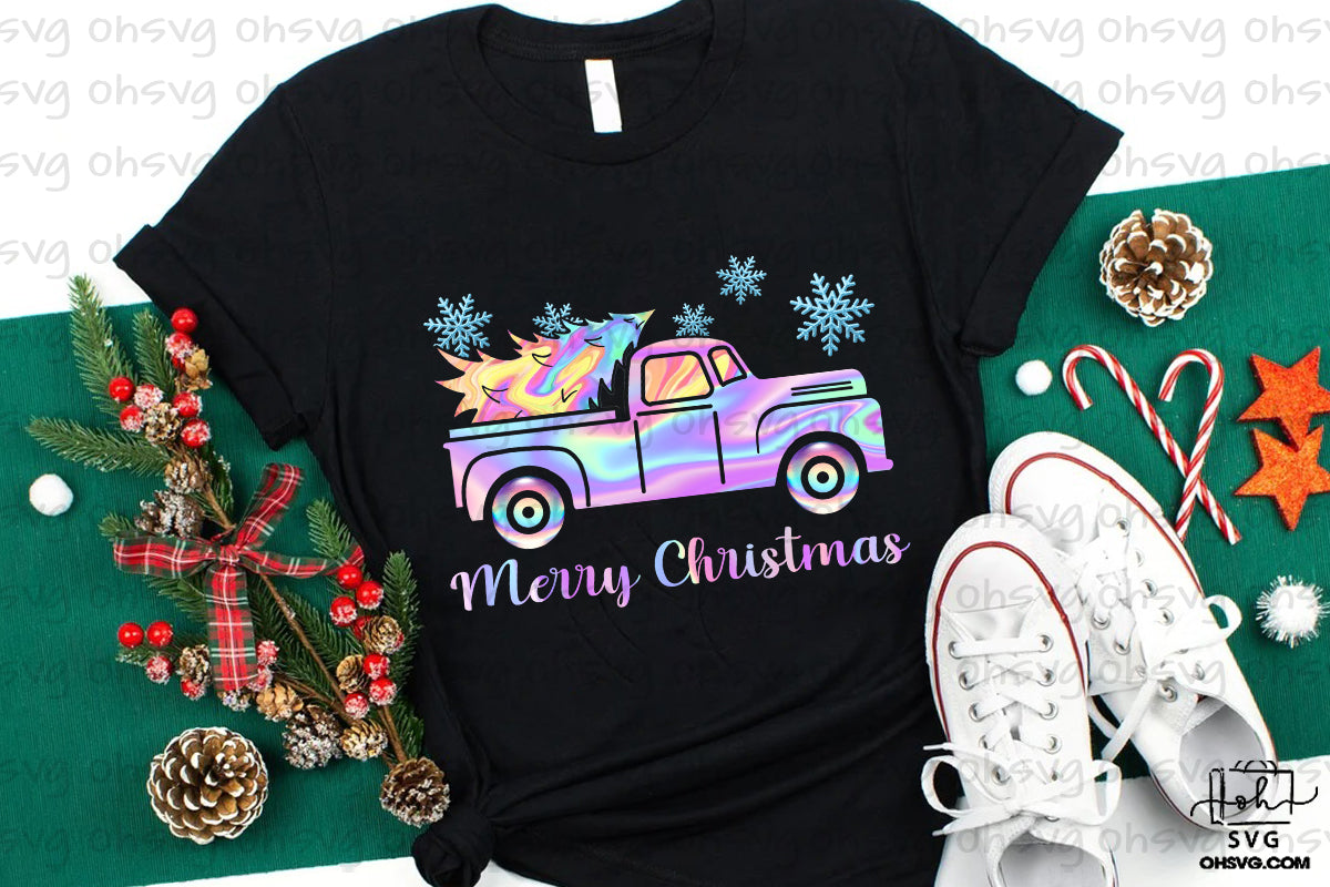 Merry Christmas PNG, Holographic Truck PNG, Hologram Christmas PNG